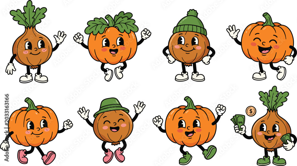 Fototapeta premium Retro Vegetable Cartoon Mascot Character Vector Set Featuring Vintage Pumpkin Onion and Potato Graphic Elements