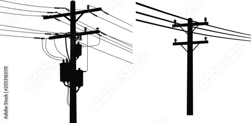 Tableau sur toile Electric Utility Pole Silhouette Set with Power Lines and Transformers Infrastru