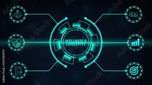Wellness and Longevity Concept. A medical professional interacts with a digital interface displaying wellness and longevity icons, promoting health and long-term well-being.4k motion graphics video