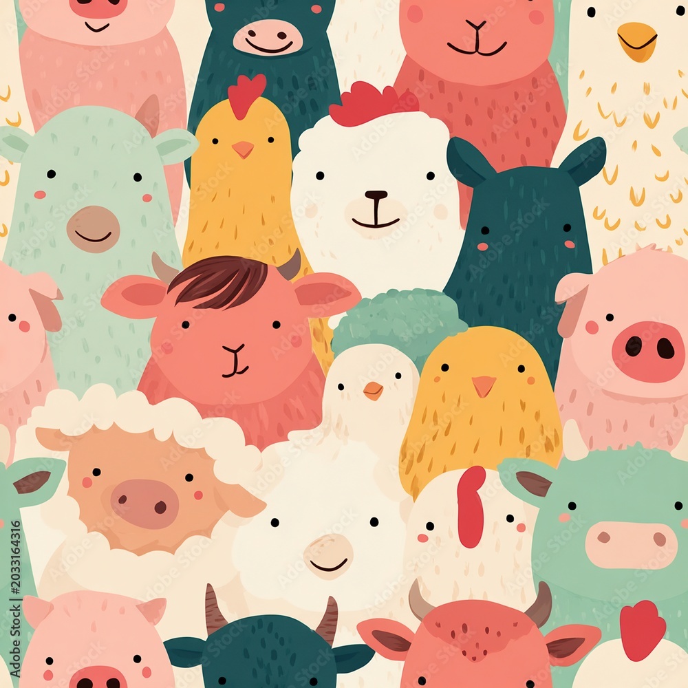 Obraz premium Cute, colorful illustration of various farm animals tightly grouped with simplified, friendly faces and pastel shades.