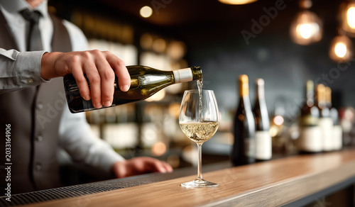 Bartender pouring white wine into glass at bar counter in warm evening light. Concept of nightlife, luxury drinks and hospitality