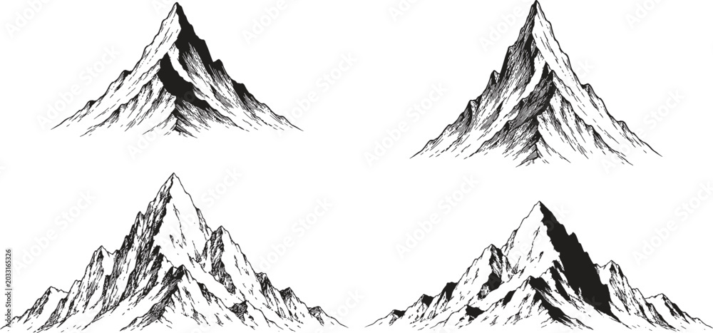 Fototapeta premium Hand Drawn Mountain Peak Sketch Collection Vintage Alpine Mountain Vector Illustration