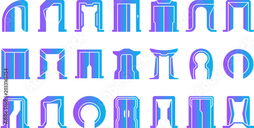 Obraz na płótnie Collection of futuristic architectural archways and doorways with gradient blue and purple colors