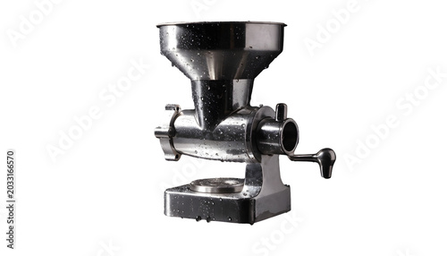 A shiny metal manual meat grinder on a transparent background
