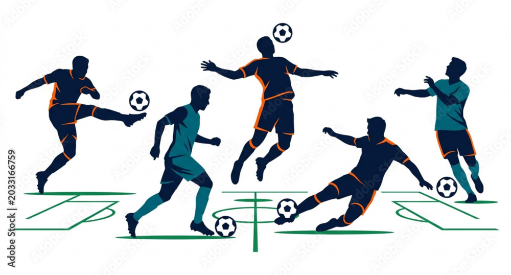 Fototapeta premium Soccer players silhouette vector illustration sports field action isolated on white background