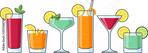 Fotografi Colorful Tropical Cocktail and Mocktail Drink Vector Set with Fresh Lemon Lime M