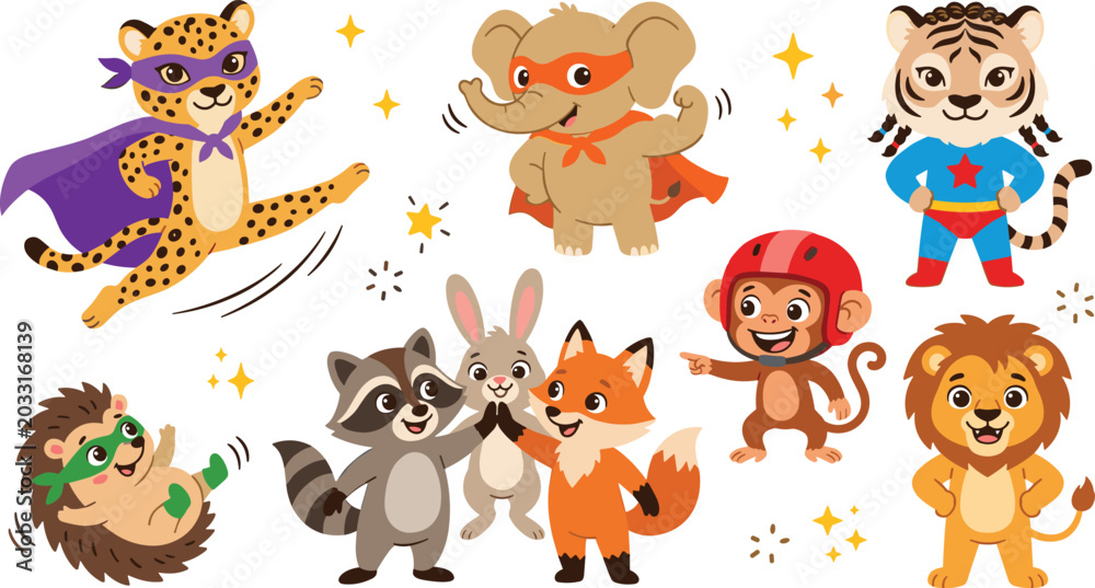 Obraz premium Cute Superhero Animals and Forest Friends Vector Set Featuring Cartoon Leopard Elephant Tiger Monkey Lion Fox Raccoon and Hedgehog in Capes