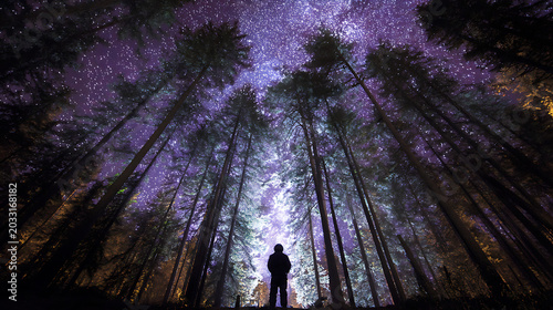 Surreal silhouette of an astronaut in a pine forest looking up at a purple starry nebula sky for cosmic wonder and dreamlike backgrounds