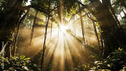 Sunlight streams through jungle canopy creating a serene natural scene
