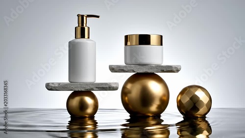Cosmetic products arranged with golden spheres and stone platforms