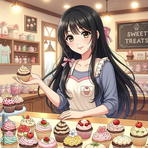 Smiling baker presents a frosted cupcake in a charming dessert shop