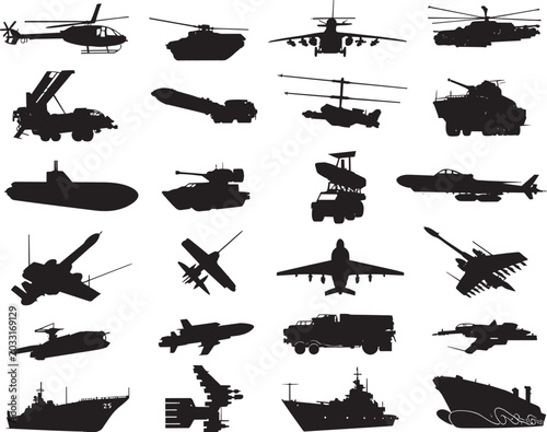 Military Equipment Silhouettes Vector Set Tanks Helicopters Jets Warships Army Black Illustration
