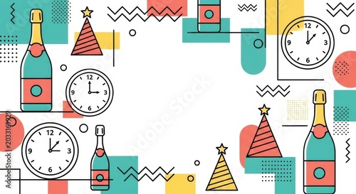 New Year celebration background with champagne bottles, clocks and party hats.