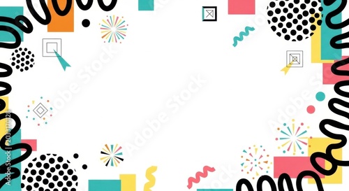 Abstract border frame with black curvy lines polka dots and fireworks on white background.