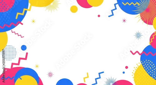 Vibrant abstract background with geometric shapes and colorful confetti.