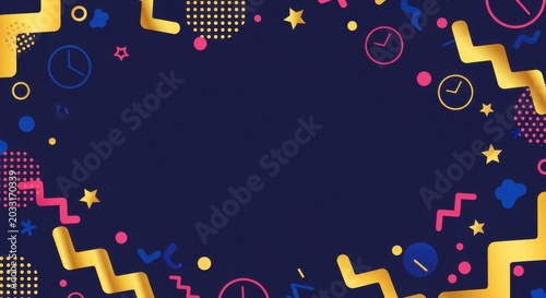 Modern geometric background with golden zigzag patterns and neon abstract shapes on dark blue.