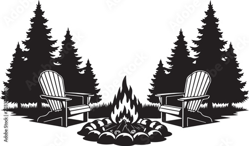 Obraz na plátně Black and white illustration of campfire scene with two adirondack chairs