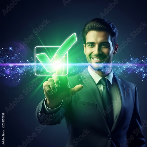 Smiling businessman interacting with glowing digital checkmark on dark background
