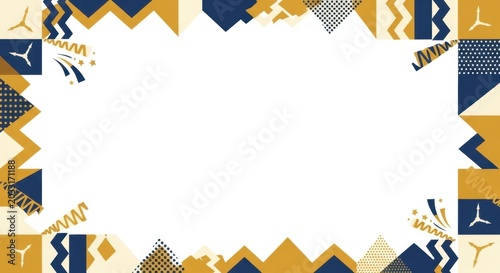 Luxury blue and gold geometric frame with party confetti and ribbon elements for greeting.