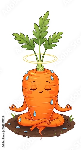 Smiling carrot meditating in lotus pose with halo and sweat drops