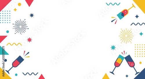 Abstract festive party background featuring colorful champagne glasses and firework motifs.