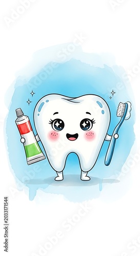 Smiling cartoon tooth holds toothpaste and toothbrush, sparkling clean