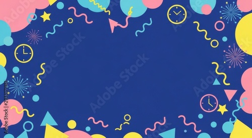 Lively blue background with colorful abstract elements for new year and party designs.
