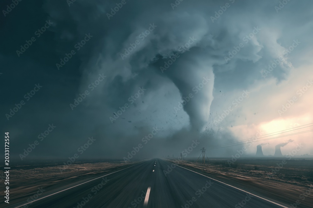 Fototapeta premium Powerful tornado sweeping across an open road with cooling towers