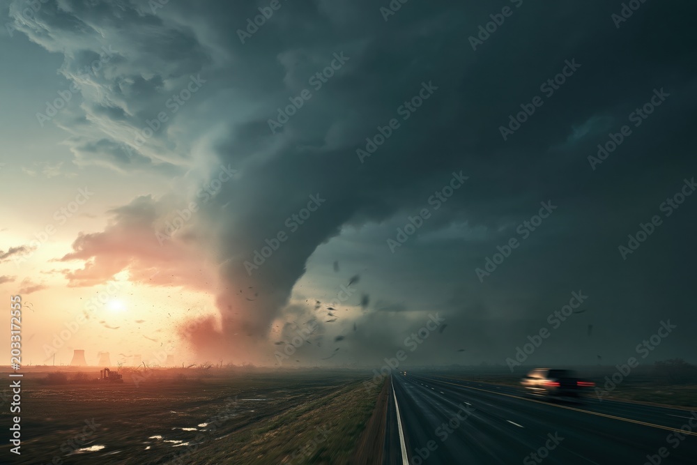 Fototapeta premium Powerful tornado sweeping across highway at sunset