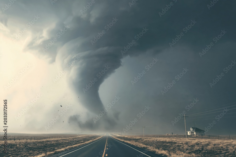 Fototapeta premium Powerful tornado sweeping across a long rural road