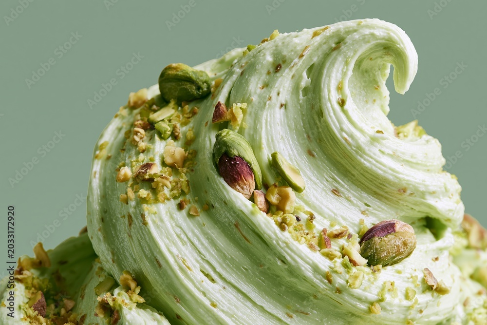 Obraz premium Macro close-up of thick pistachio cream with visible crushed pistachios and a smooth, swirled texture on a light green background