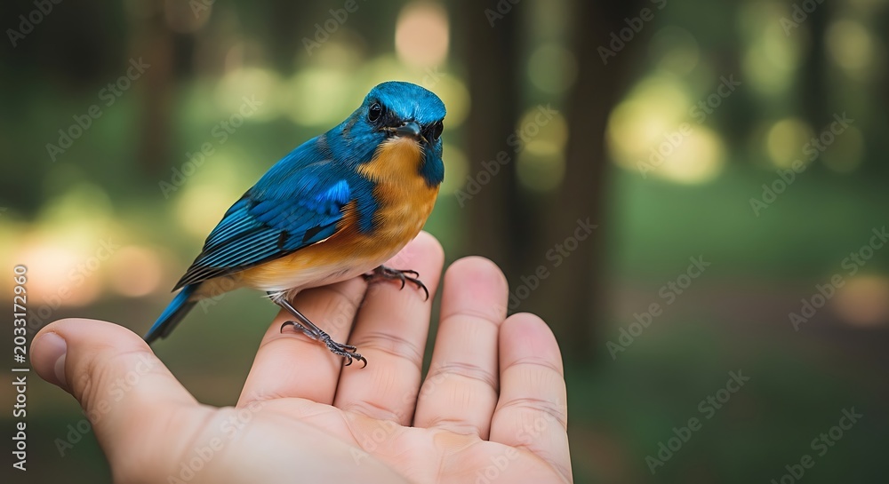 Fototapeta premium Small, bright blue and orange bird perched on an open, human hand in a forest
