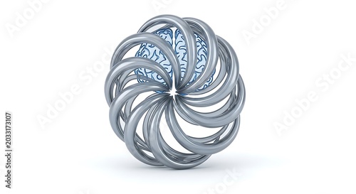 Human brain trapped inside a metallic swirling spiral cage