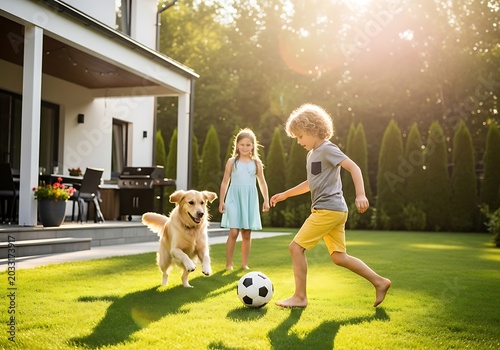 Happy children and a golden retriever playing soccer in a sunny backyard with warm golden light