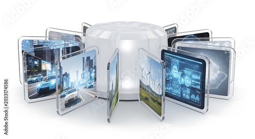 Many tablets arranged in a circle with digital data screens