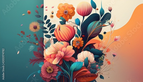 a whimsical floral poster with blossoming flowers and abstract botanical forms vertical garden composition fresh spring to summer elegance ultra realistic no logos