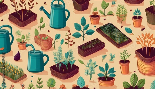 seed cultivation for sustainability seamless pattern seed packets sprouting plants farmers sowing seeds watering cans and agriculture symbols arranged in a