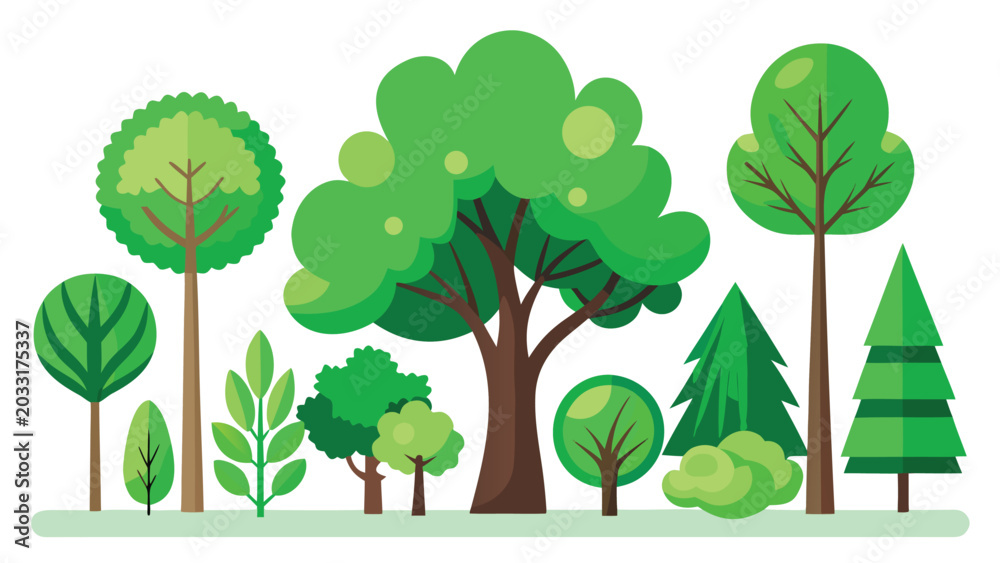Fototapeta premium Green Tree Collection Flat Vector Set Isolated Nature Illustration Bundle