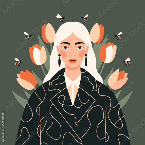 Photography Woman with long white hair and floral pattern jacket surrounded by colorful tuli