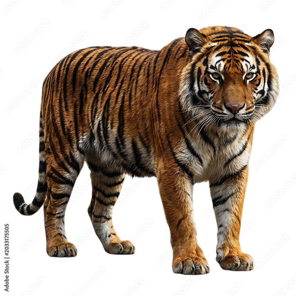 Obraz premium Majestic bengal tiger standing in profile isolated on transparent background