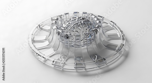 Futuristic metallic brain model with connected cables