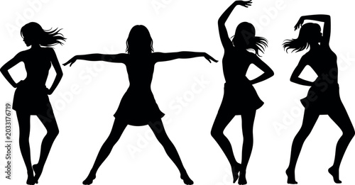 Tableau sur toile Elegant black silhouette vector illustration of four beautiful dancing women posing gracefully in short skirts with flowing hair