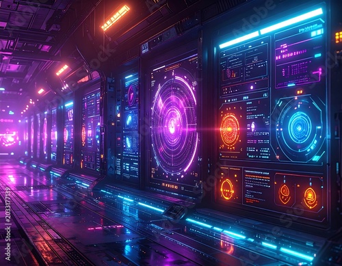 Futuristic Neon Data Panels Glowing in Sci Fi Server Corridor