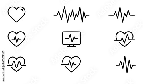Canvastavla Heartbeat Outline Icons Set with Heart Organ and Cardiogram Medical Symbols