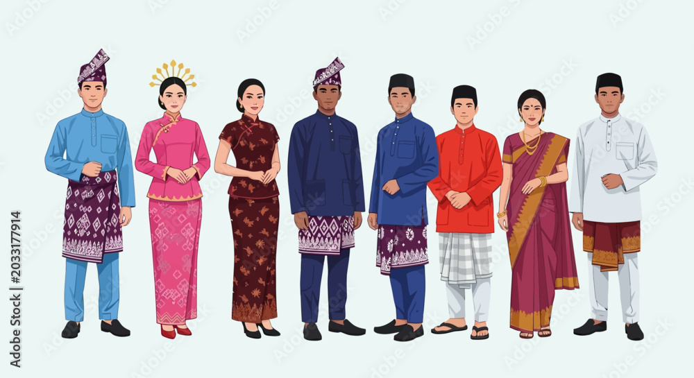 Fototapeta premium Diverse Group of People in Traditional Malaysian Clothing