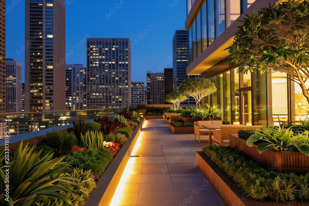Fototapeta premium Rooftop garden offers serene cityscape at twilight. Lush plants and outdoor seating contrast with illuminated skyscrapers. Modern urban oasis provides a peaceful escape high above busy streets.