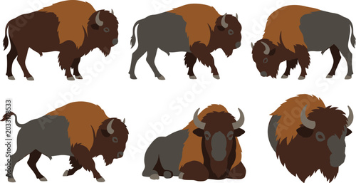 Tableau sur toile American Bison Wildlife Vector Collection Featuring Buffalo Poses, Grazing Mamma