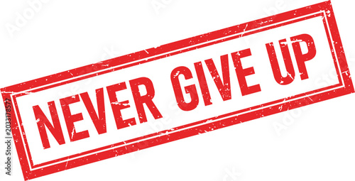 Distressed rectangular red ink stamp impression with the words Never Give Up isolated on a white background