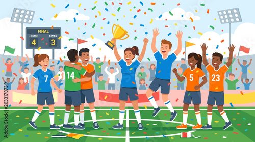 Konstfotografi Diverse Group of Soccer Players Celebrating a Championship Victory