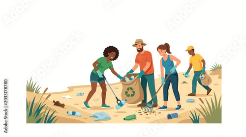 Quadro su tela Diverse group of volunteers cleaning up trash on the beach 1.